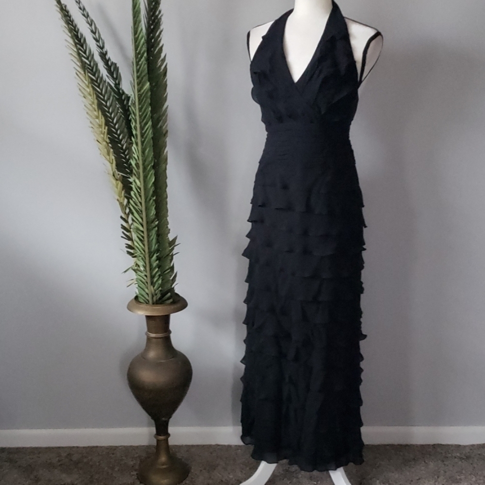 Tadashi black silk halter dress with tiered ruffles